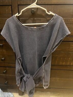 Free People Waffle Knit Tie-Front Top in Charcoal Gray